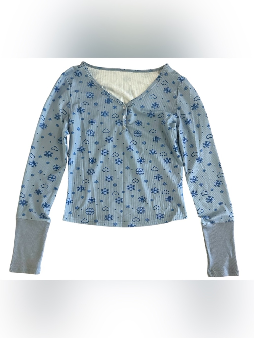 Light Blue Long Sleeve Tee with Heart and Snowflake Print (S)